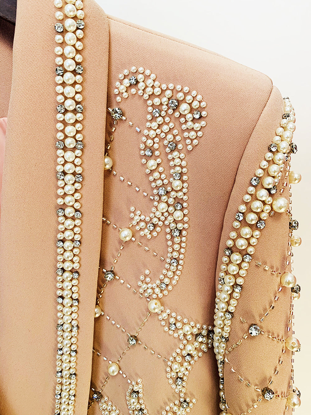 Nude Shawl Lapel Pearl Rhinestone Embellished Blazer Mini Dress 13