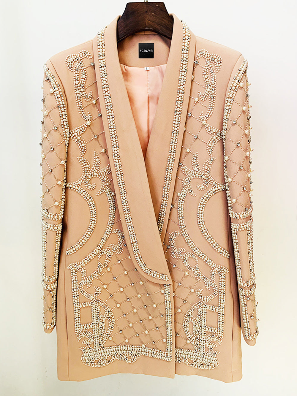 Nude Shawl Lapel Pearl Rhinestone Embellished Blazer Mini Dress 5