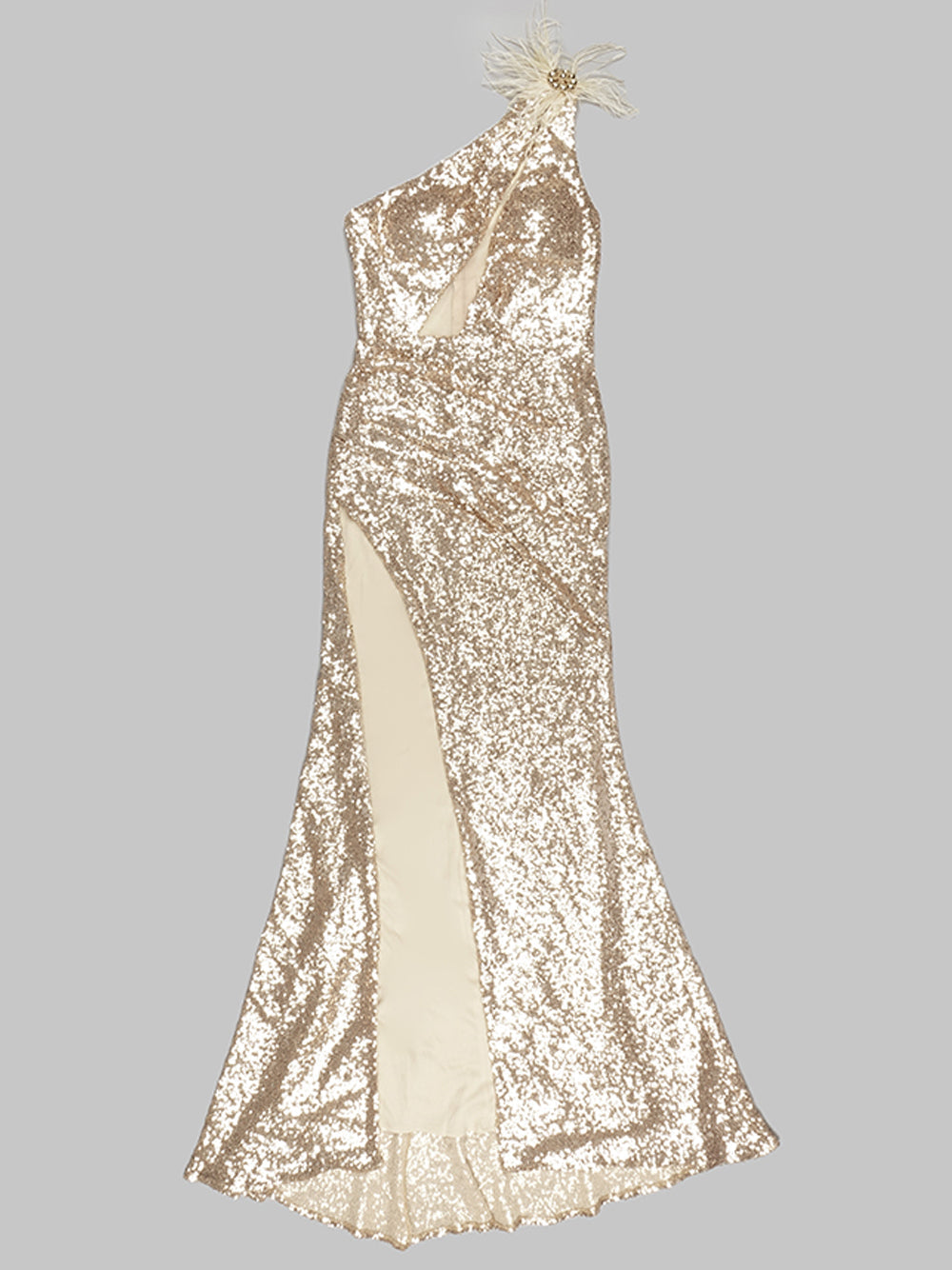 Gold One-Shoulder Feather Trim Sequin Cutout High Slit Maxi Gown 5