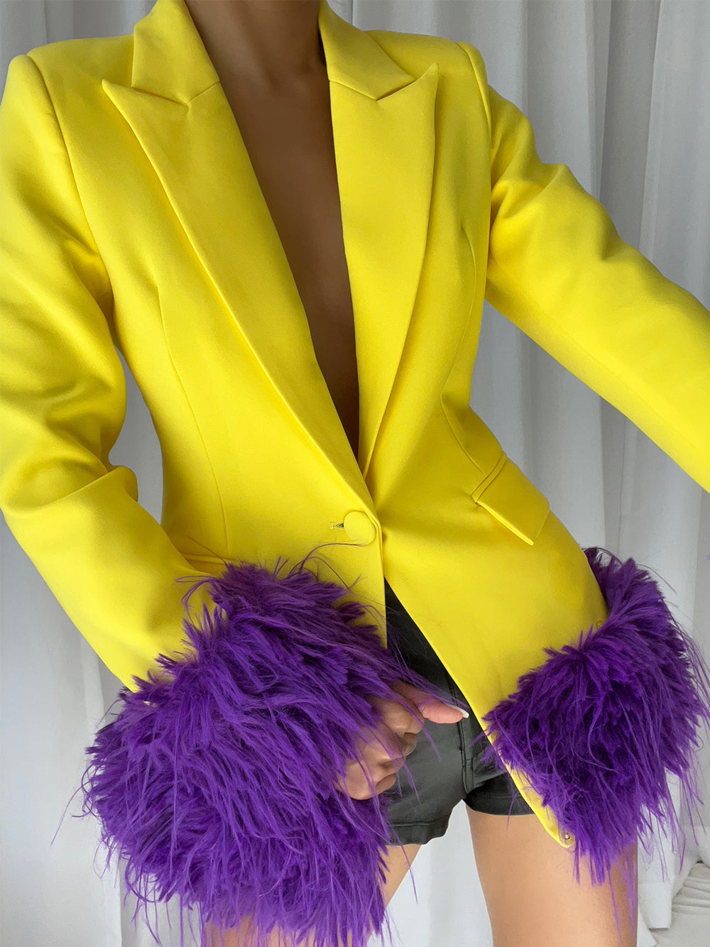 Yellow Peak Lapel Feather Trim Cuff Single Button Blazer