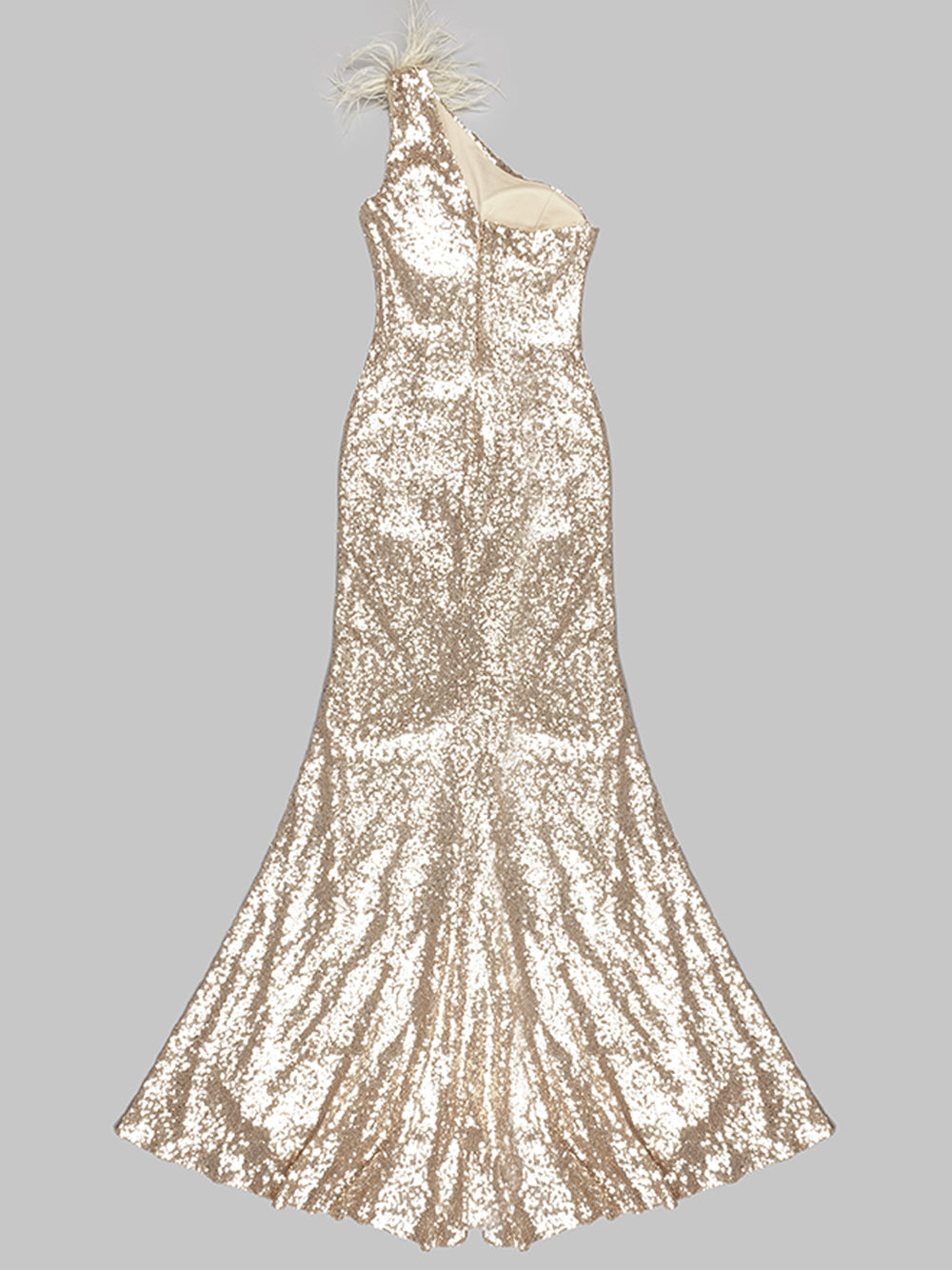 Gold One-Shoulder Feather Trim Sequin Cutout High Slit Maxi Gown 6
