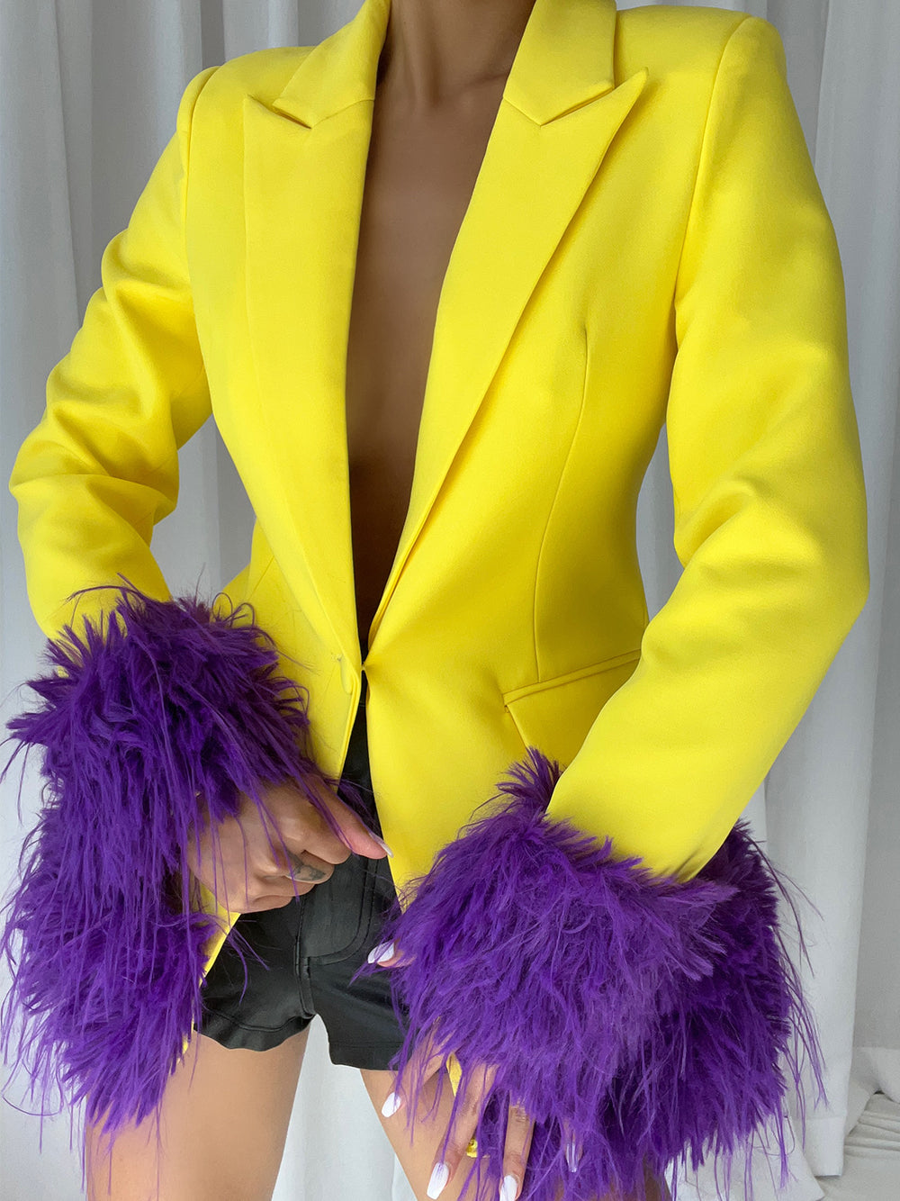 Yellow Peak Lapel Feather Trim Cuff Single Button Blazer