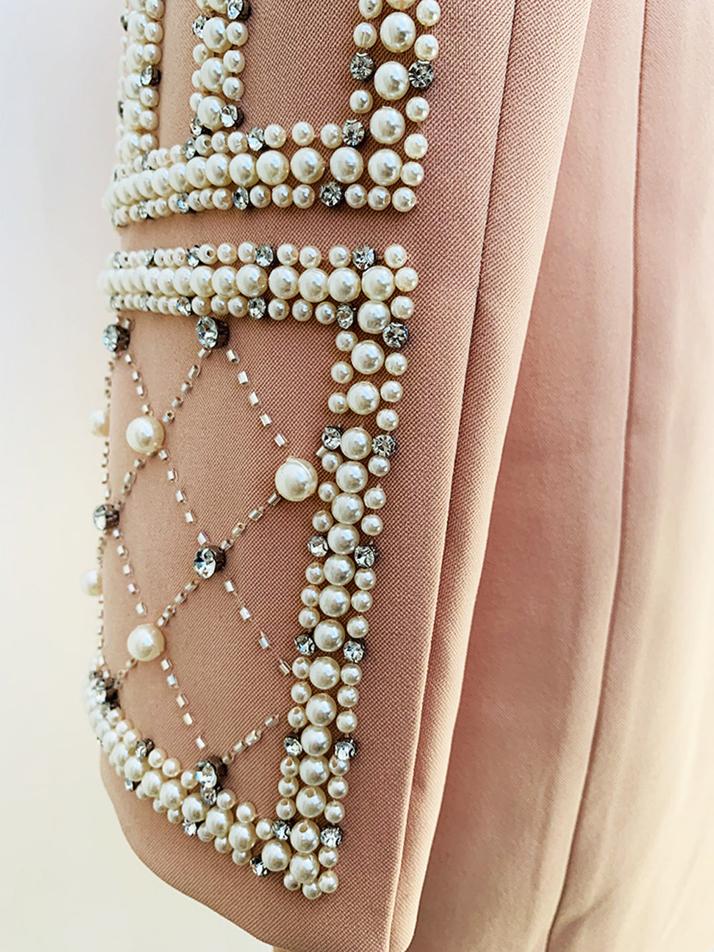 Nude Shawl Lapel Pearl Rhinestone Embellished Blazer Mini Dress 12