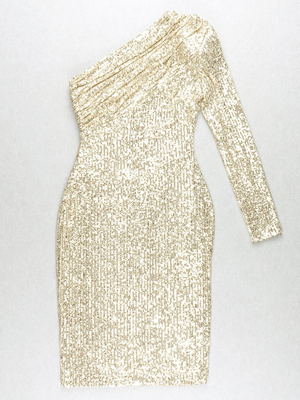 Gold One-Shoulder Sequin One Sleeve Bodycon Midi Dress