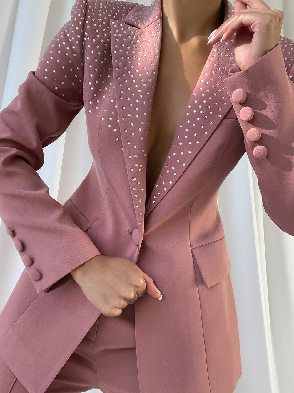 Pink Peak Lapel Rhinestone Embellished Blazer Trouser Set