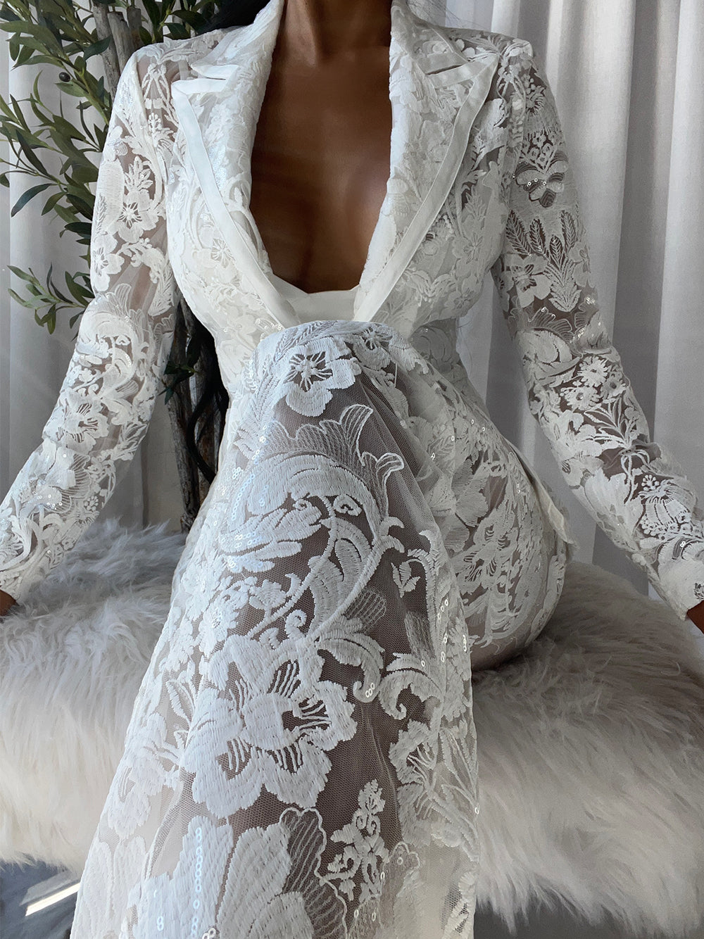White Floral Lace Sheer Blazer and Flared Pants Set 8
