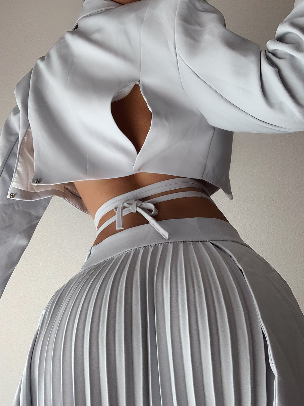 Light Blue Cropped Lace-Up Blazer and Pleated Asymmetric Skirt Set 6