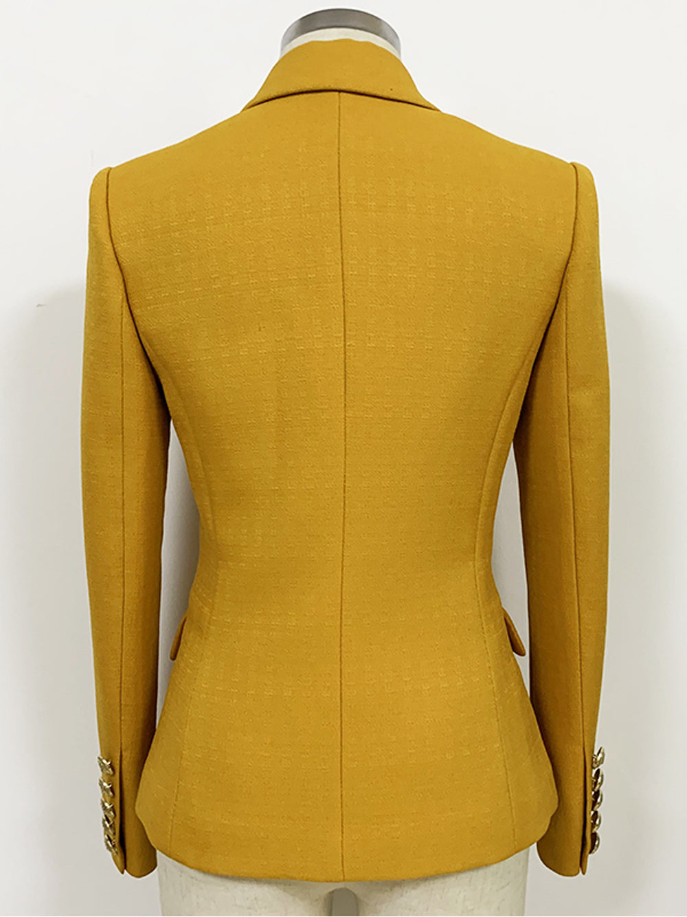 Mustard Peak Lapel Gold Button Double-Breasted Fitted Blazer 2