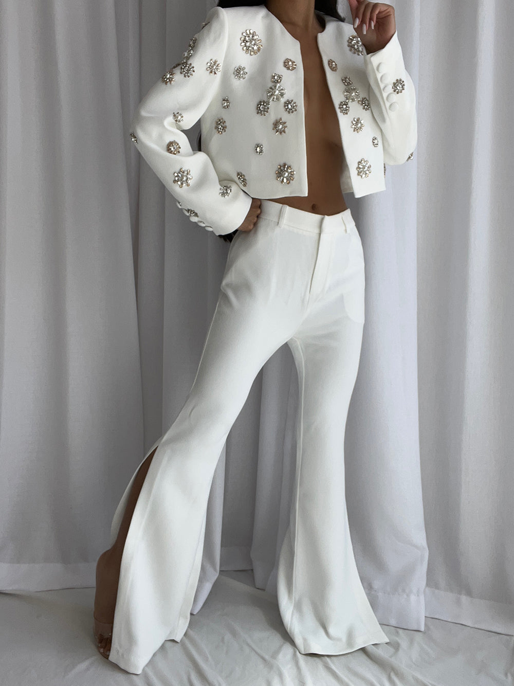 White Rhinestone Floral Embellished Cropped Jacket and Split Flared Pants Set