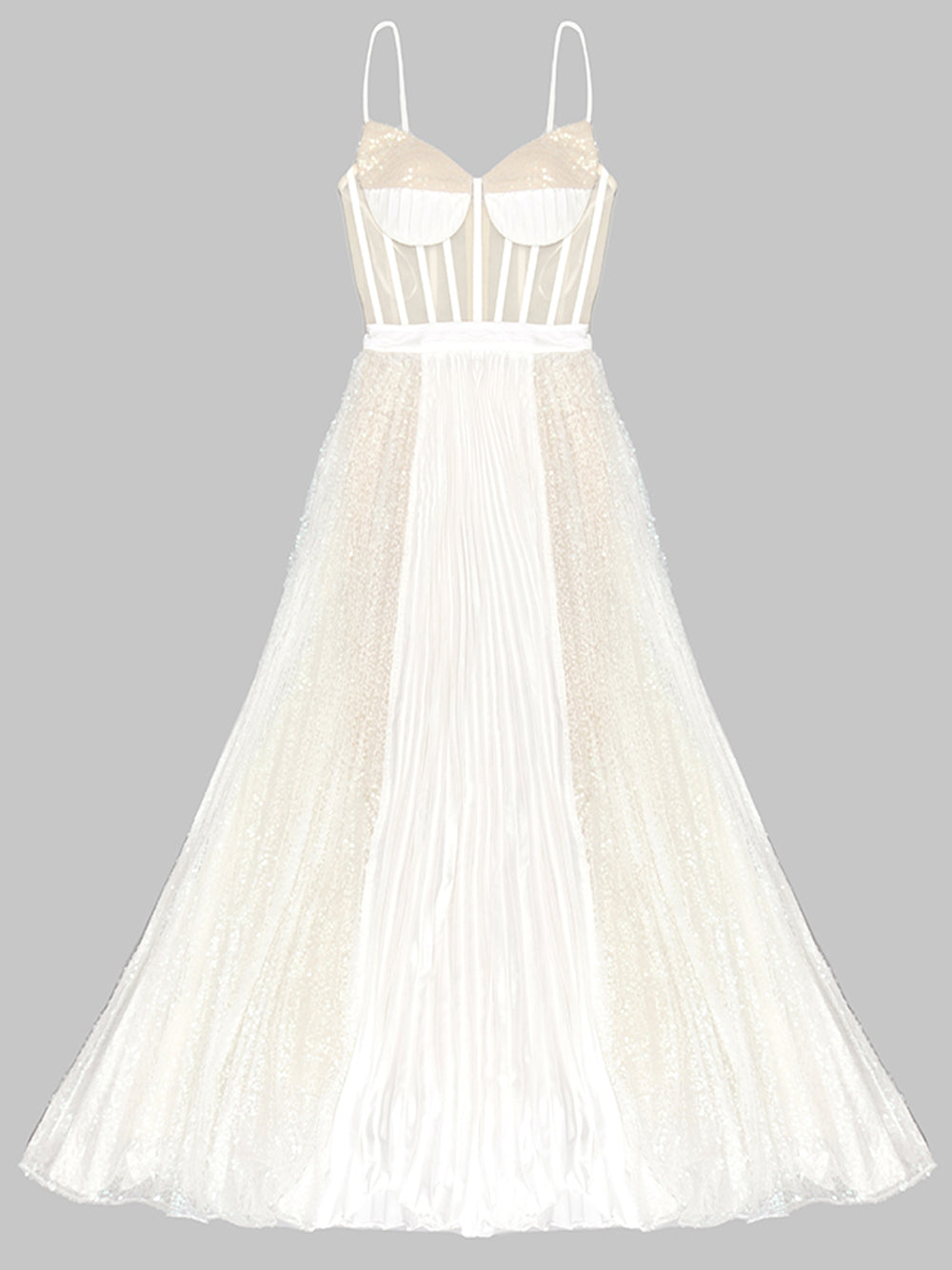 White Strap Corset Bodice Sequin Illusion Pleated A-Line Maxi Gown