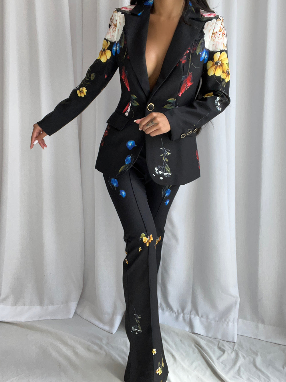Black Floral Print Lapel Blazer and Flared Pants Set
