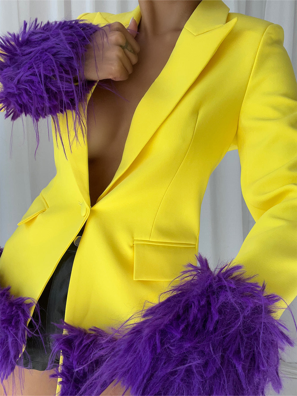 Yellow Peak Lapel Feather Trim Cuff Single Button Blazer