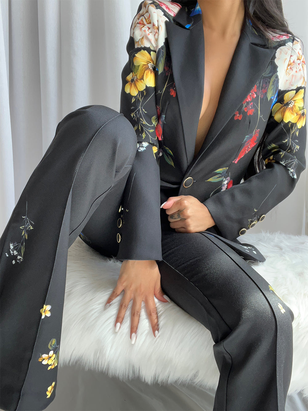 Black Floral Print Lapel Blazer and Flared Pants Set