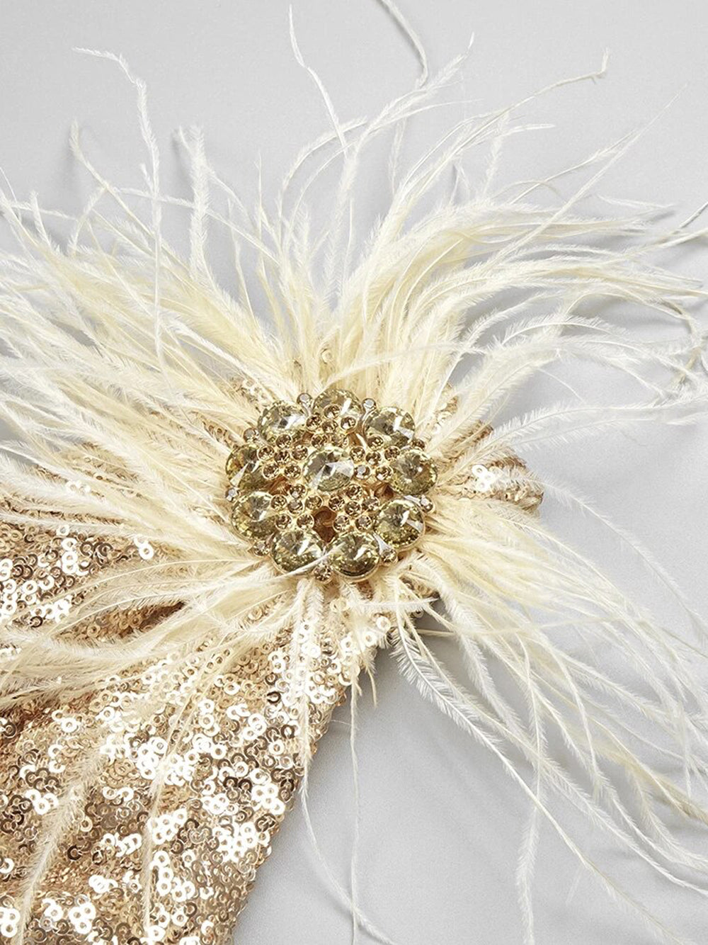 Gold One-Shoulder Feather Trim Sequin Cutout High Slit Maxi Gown 3