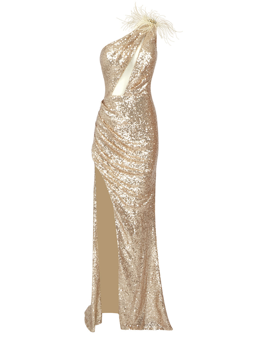 Gold One-Shoulder Feather Trim Sequin Cutout High Slit Maxi Gown