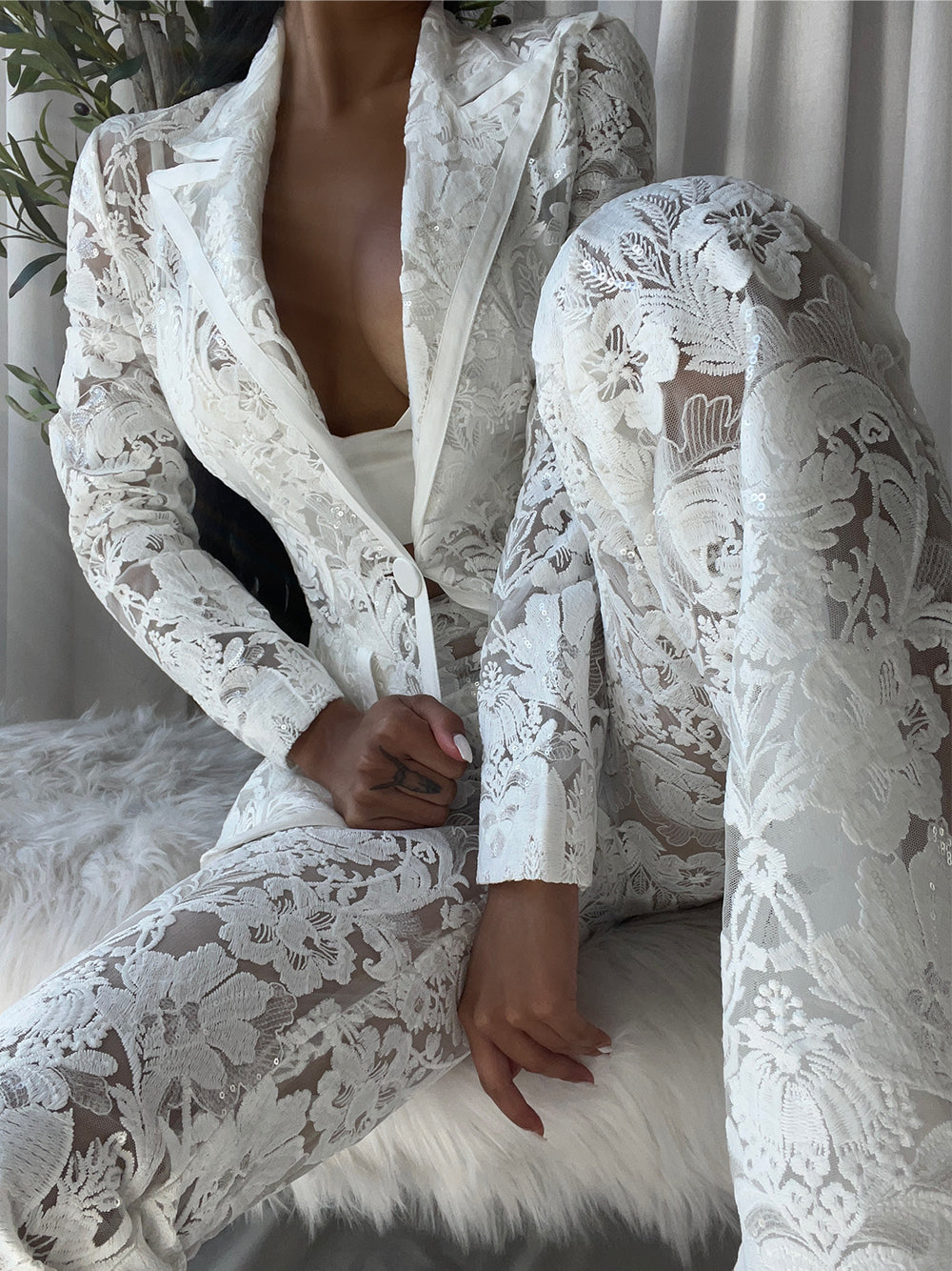 White Floral Lace Sheer Blazer and Flared Pants Set 4