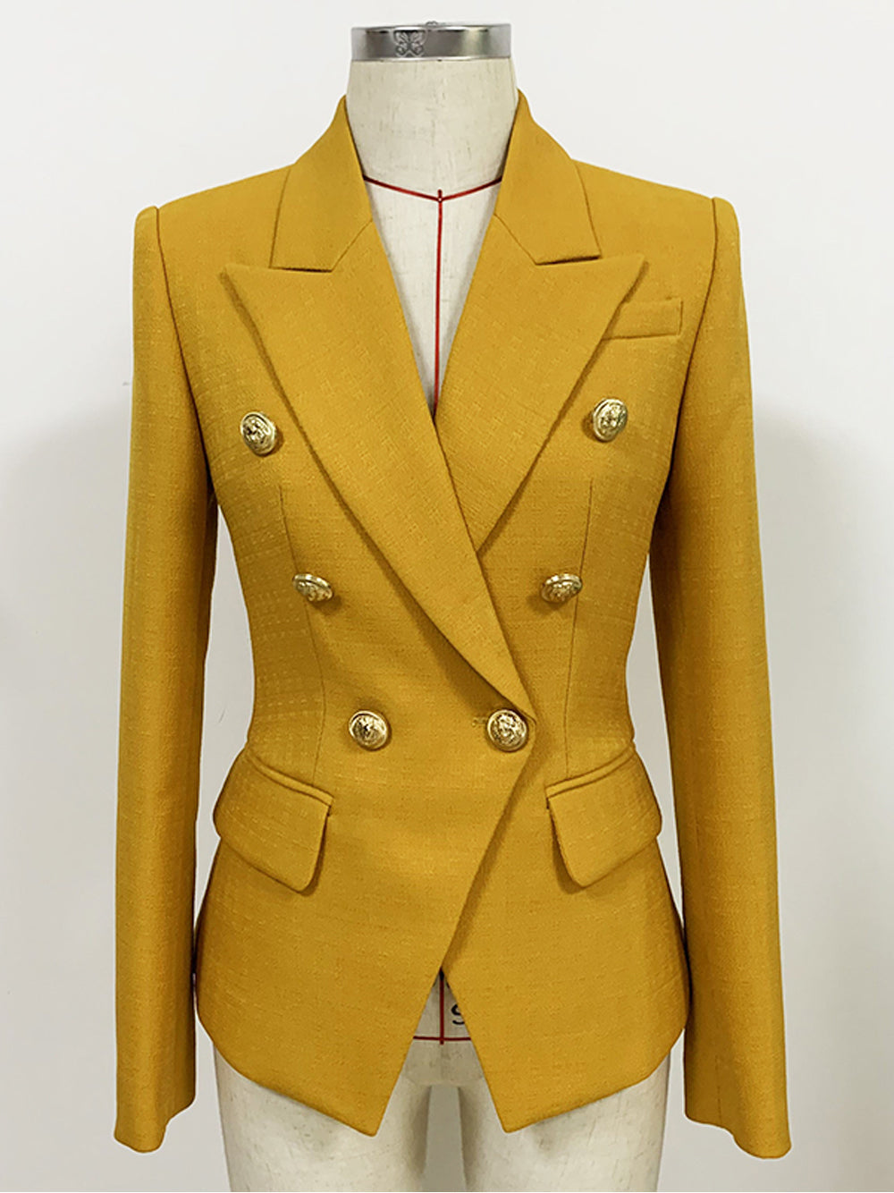 Mustard Peak Lapel Gold Button Double-Breasted Fitted Blazer