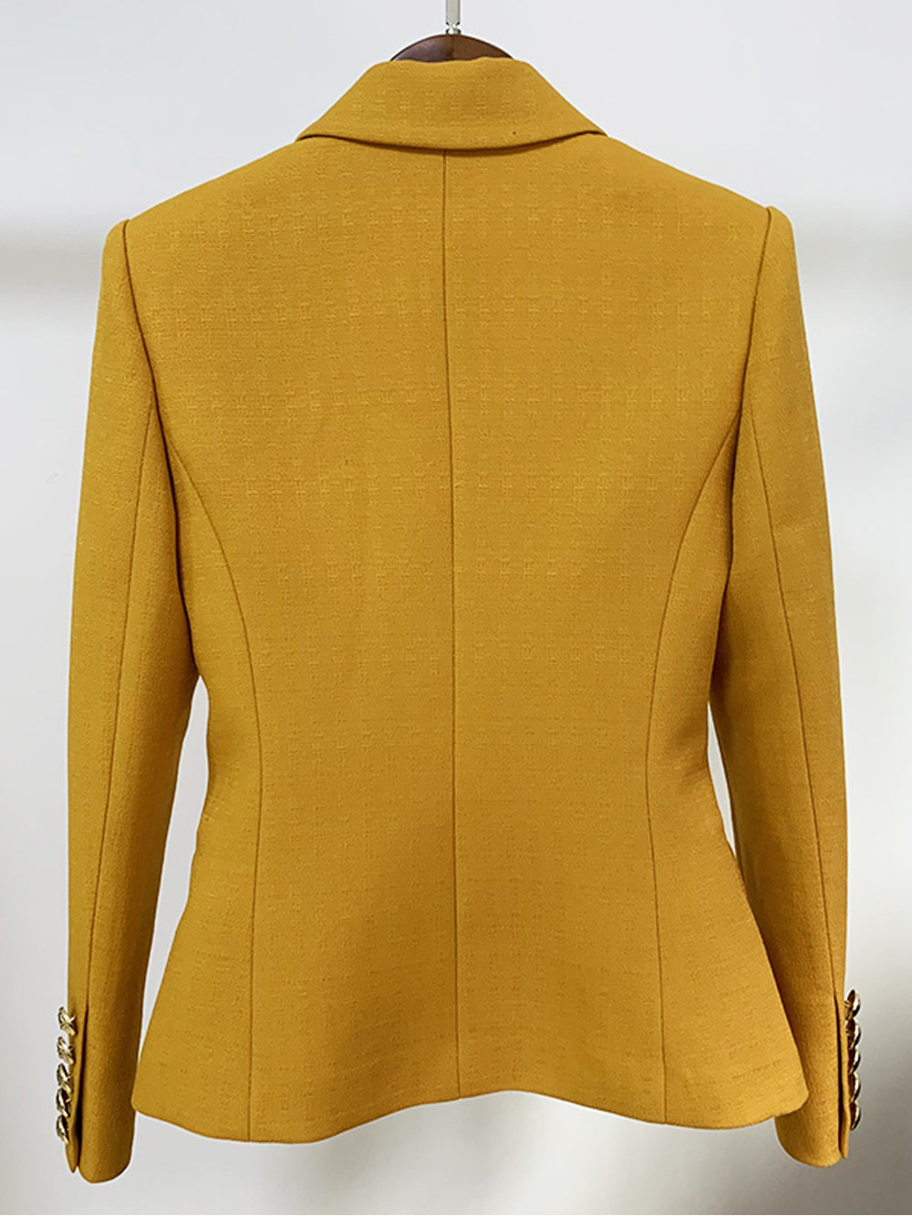 Mustard Peak Lapel Gold Button Double-Breasted Fitted Blazer 5