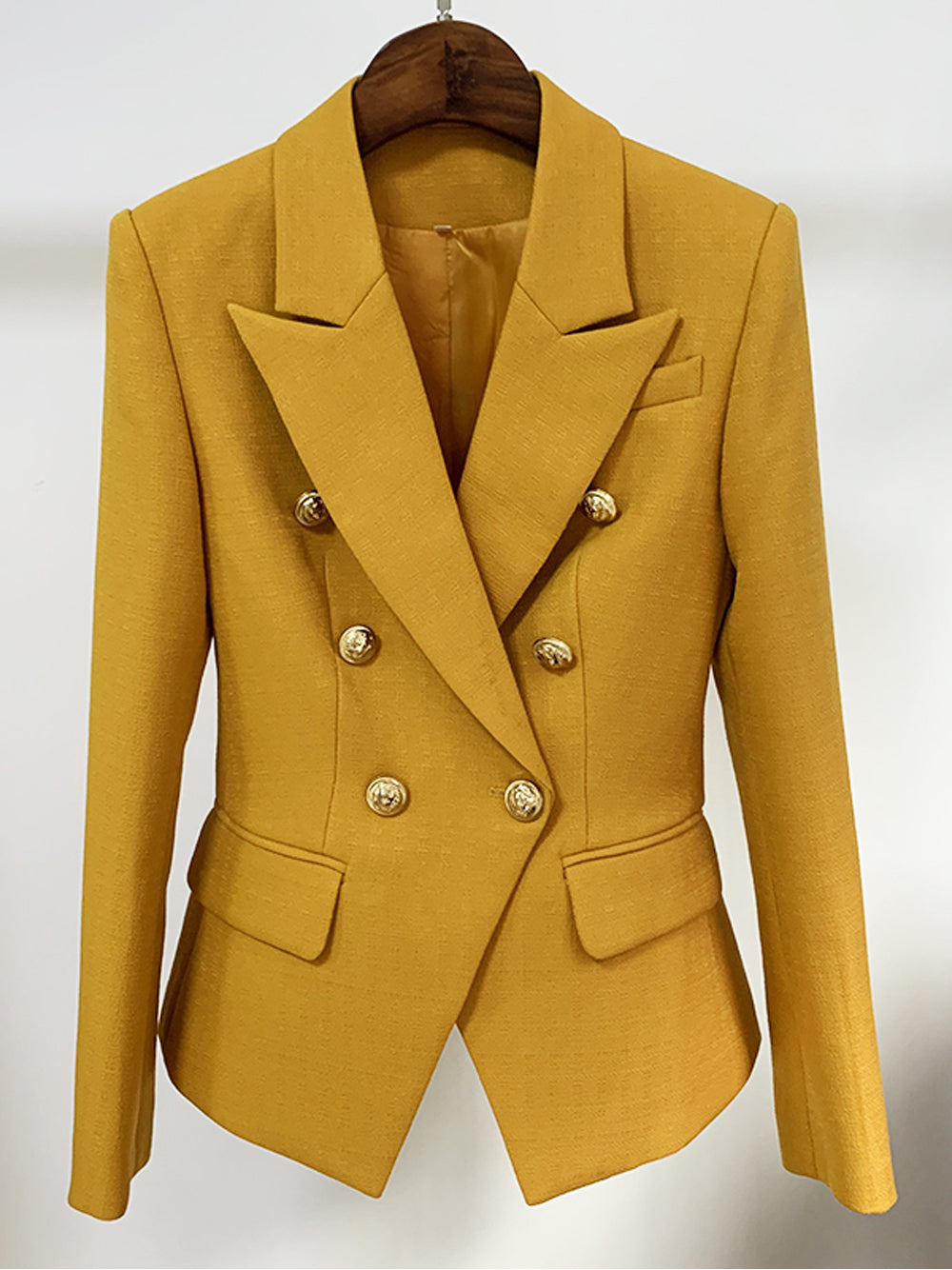 Mustard Peak Lapel Gold Button Double-Breasted Fitted Blazer 4