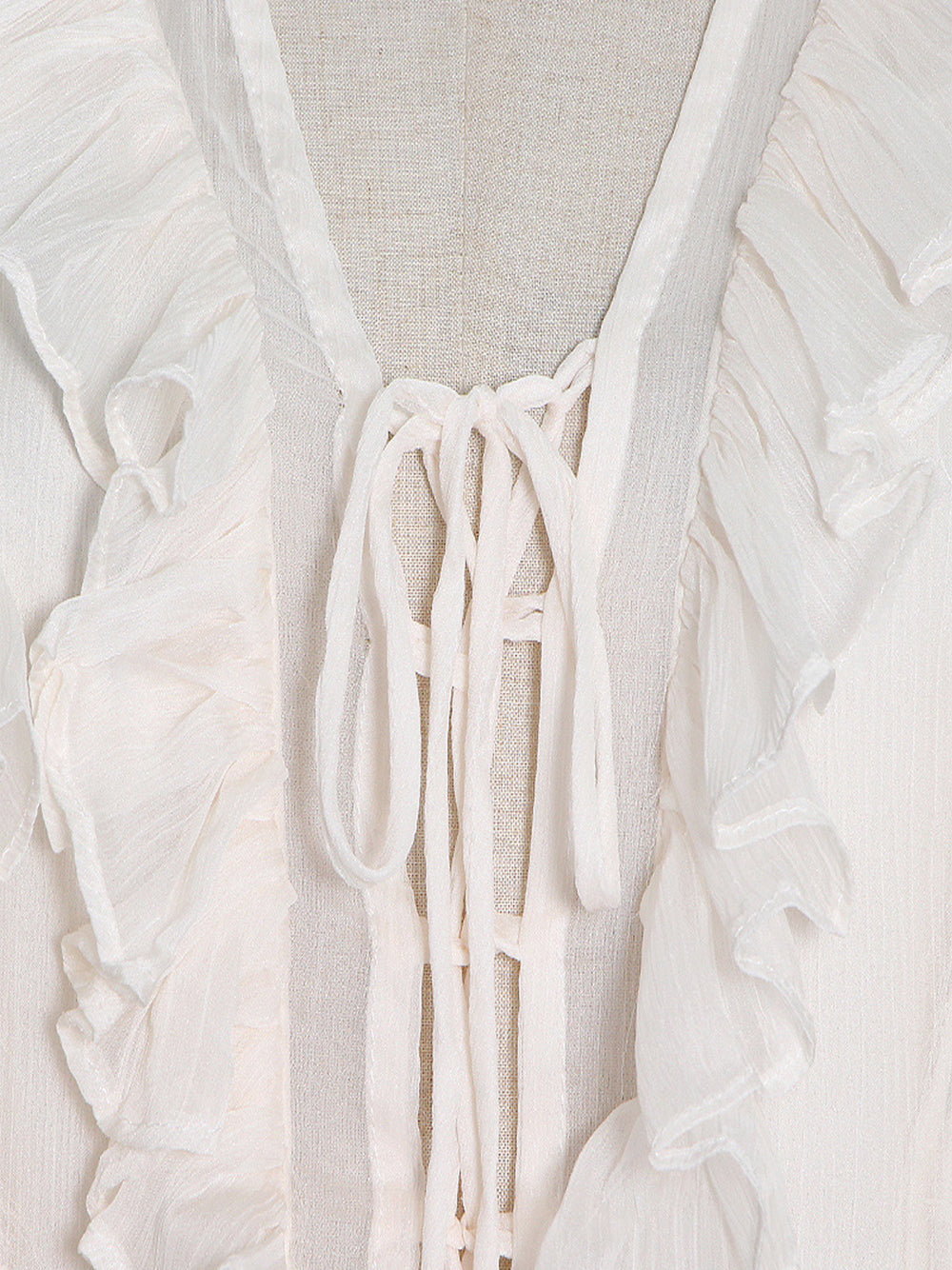 Beige V-Neck Tie Front Ruffle Tiered Sheer Chiffon Mini Dress