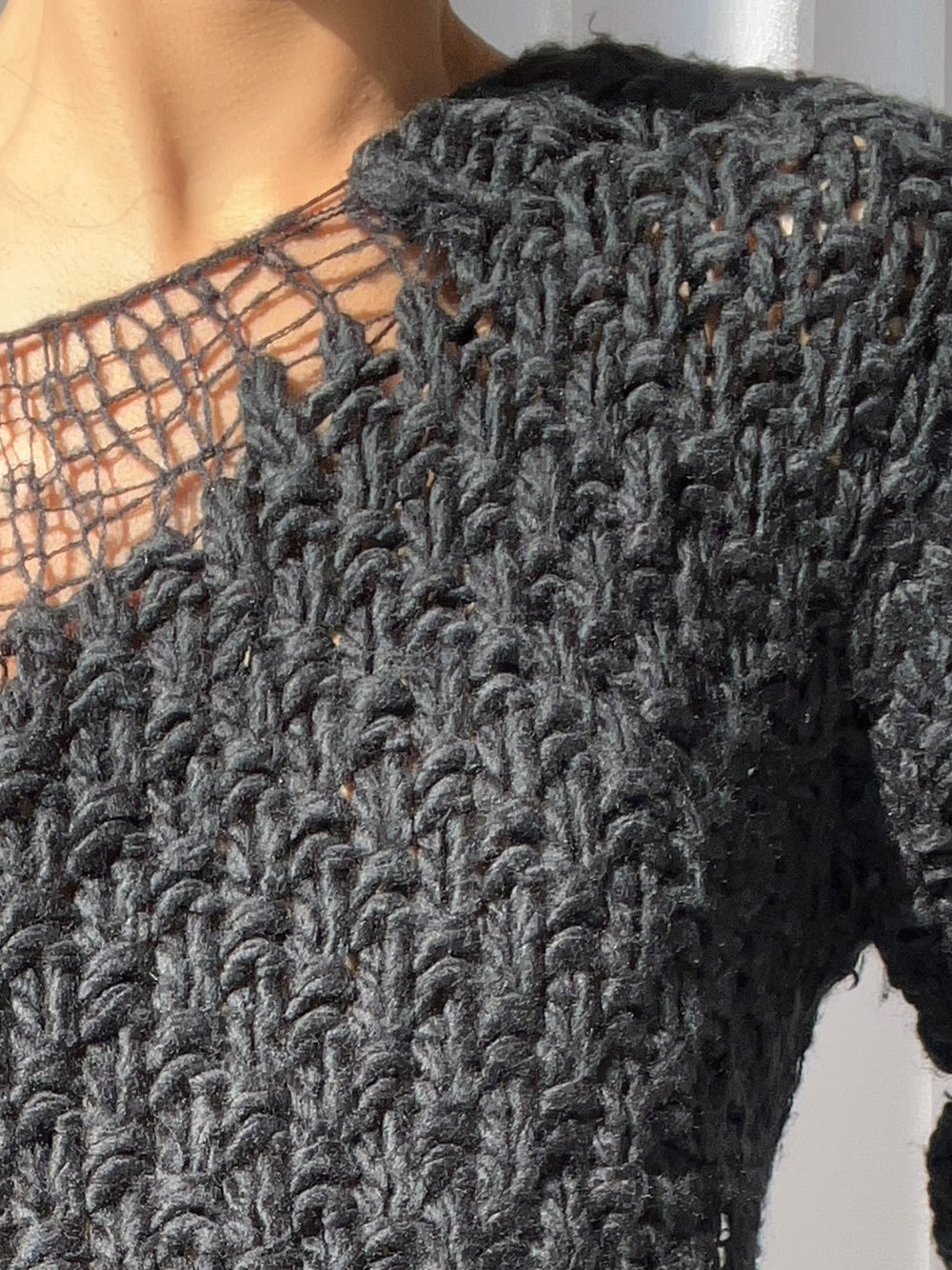 Black Boat Neck Open Crochet Knit Long Sleeve Crop Sweater