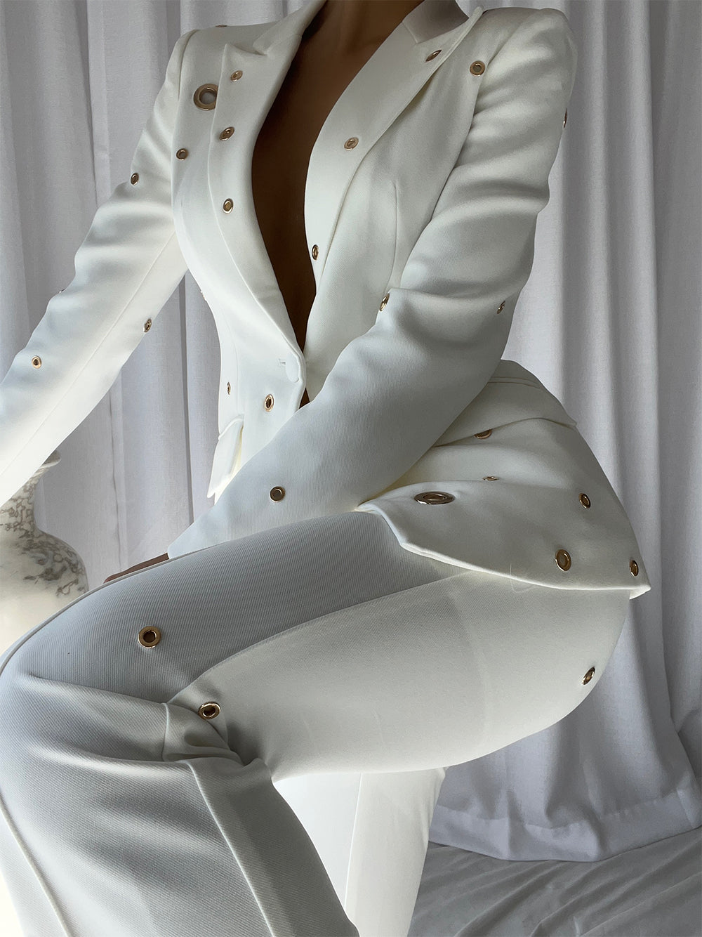 White Peak Lapel Gold Eyelet Blazer And Pants Set