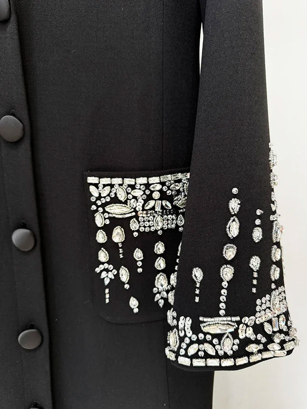 Black Notch Lapel Crystal Pocket Long Sleeve High Slit Blazer Maxi Dress 12