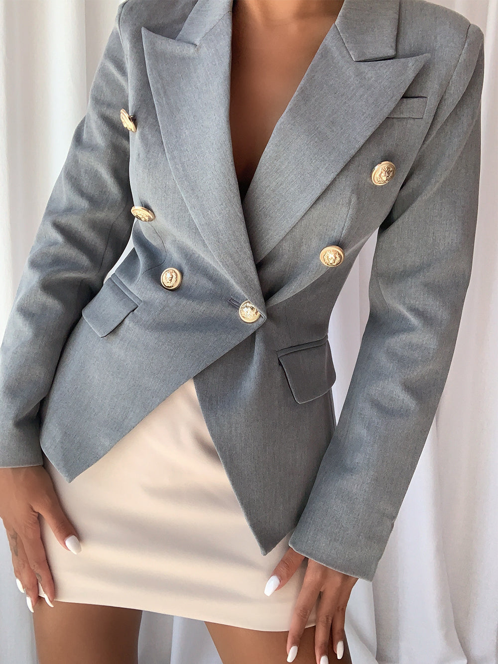 Gray Peak Lapel Gold Button Double Breasted Fitted Blazer