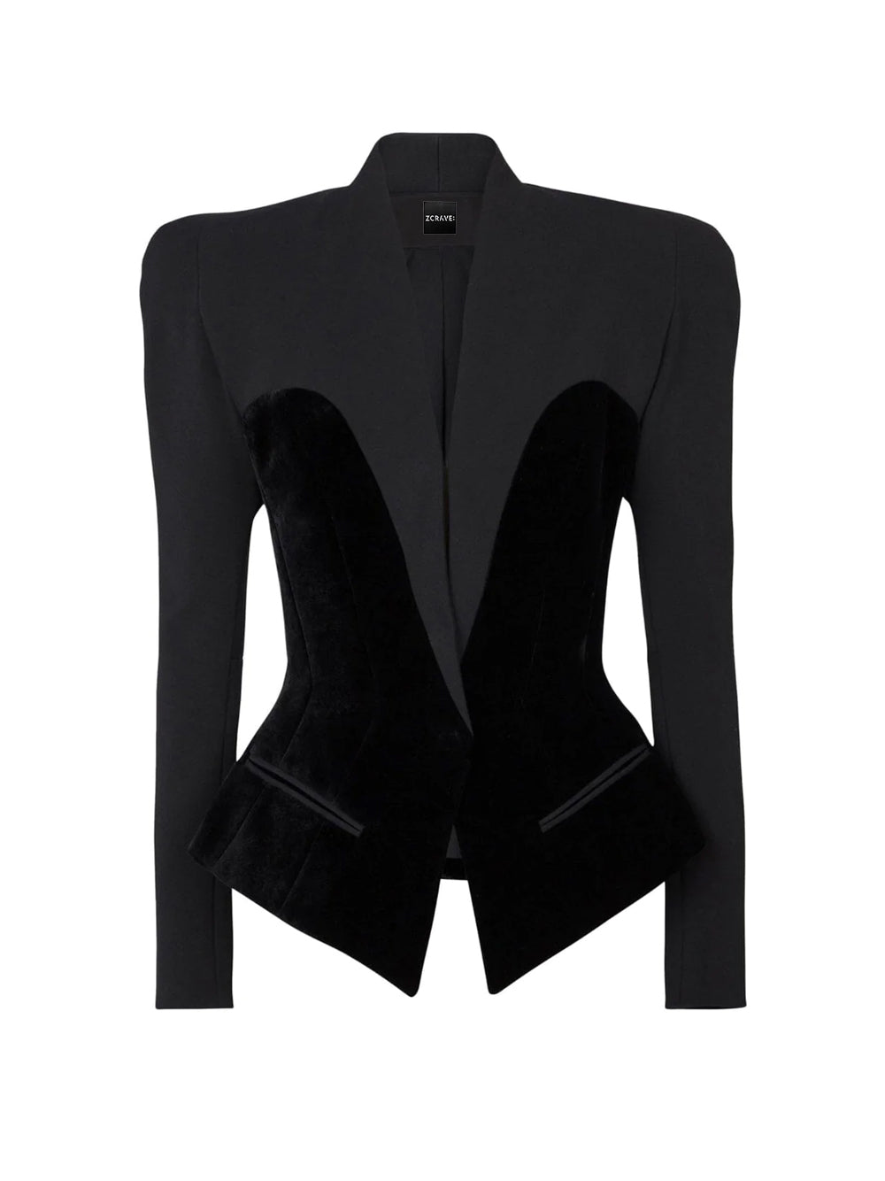 Black Velvet Panel Bustier Cut Structured Shoulder Fitted Blazer