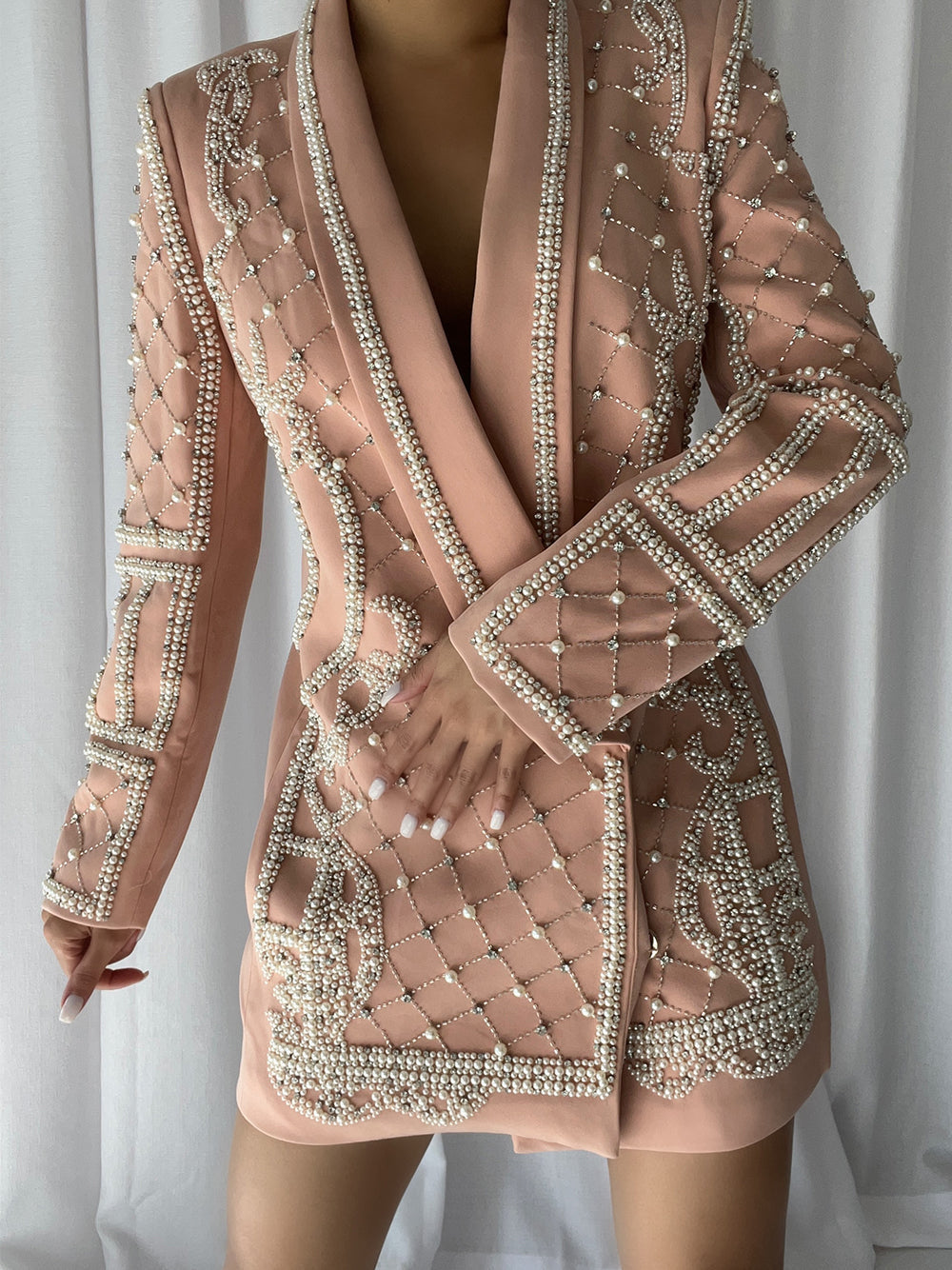 Nude Shawl Lapel Pearl Rhinestone Embellished Blazer Mini Dress 7