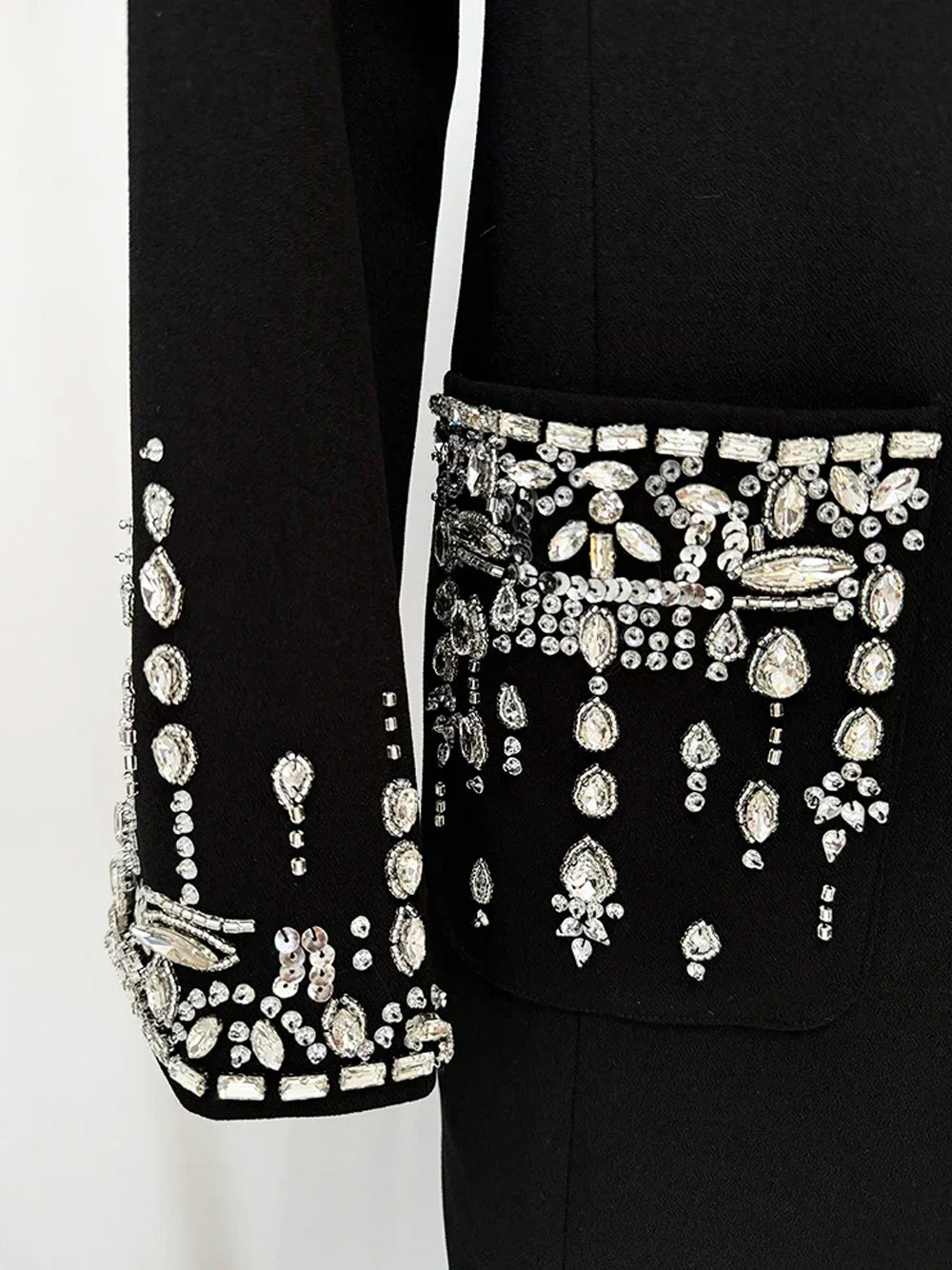 Black Notch Lapel Crystal Pocket Long Sleeve High Slit Blazer Maxi Dress 10