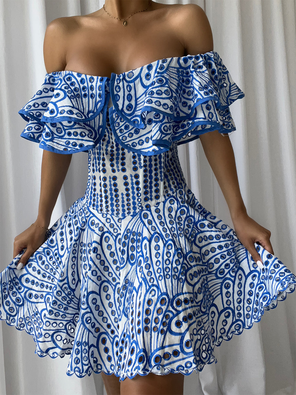 Off-Shoulder Ruffle Eyelet Embroidered Scallop Hem Flared Mini Dress 4