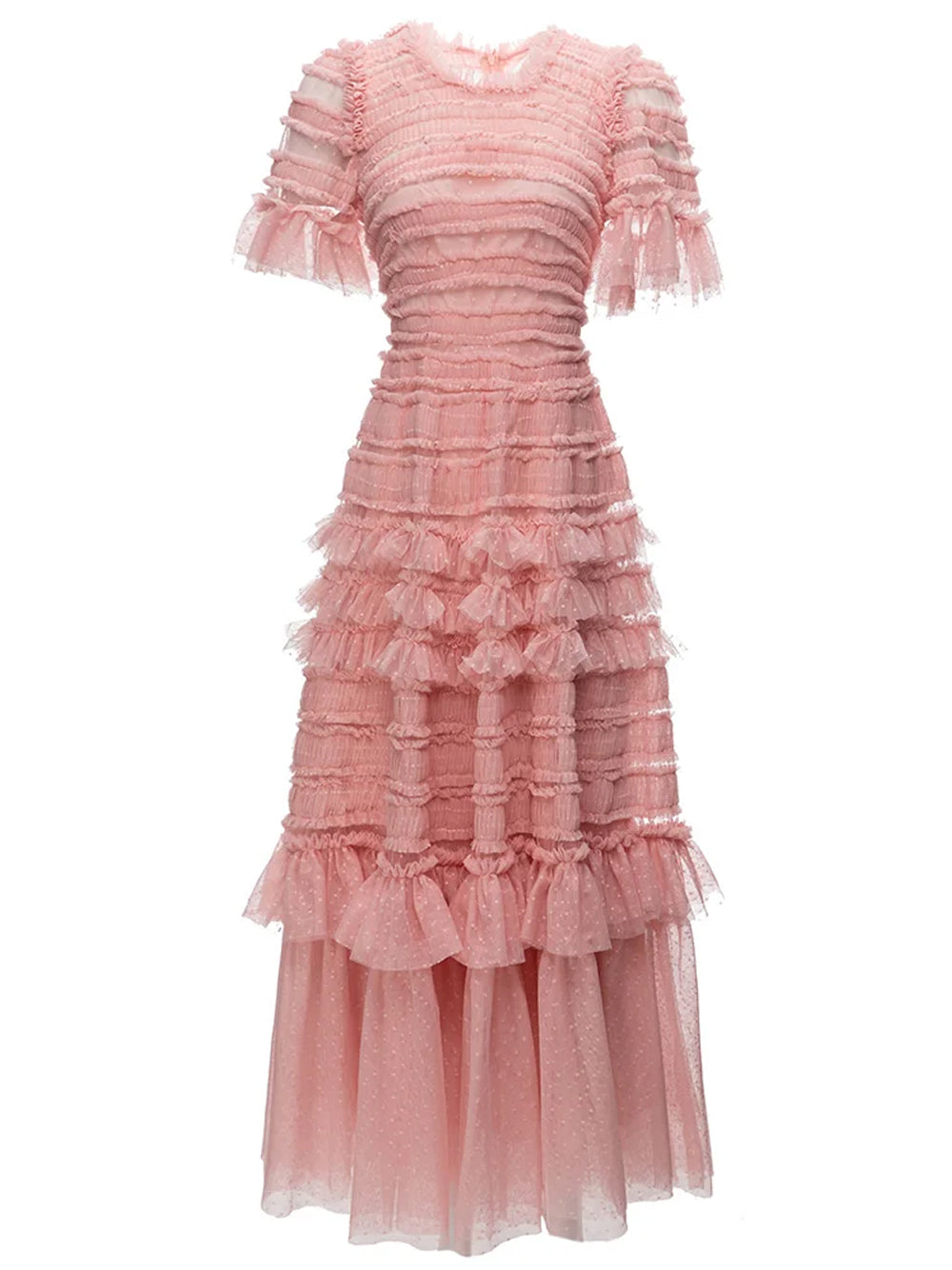 Pink Round Neck Short Sleeve Tiered Ruffle Tulle A-Line Maxi Dress