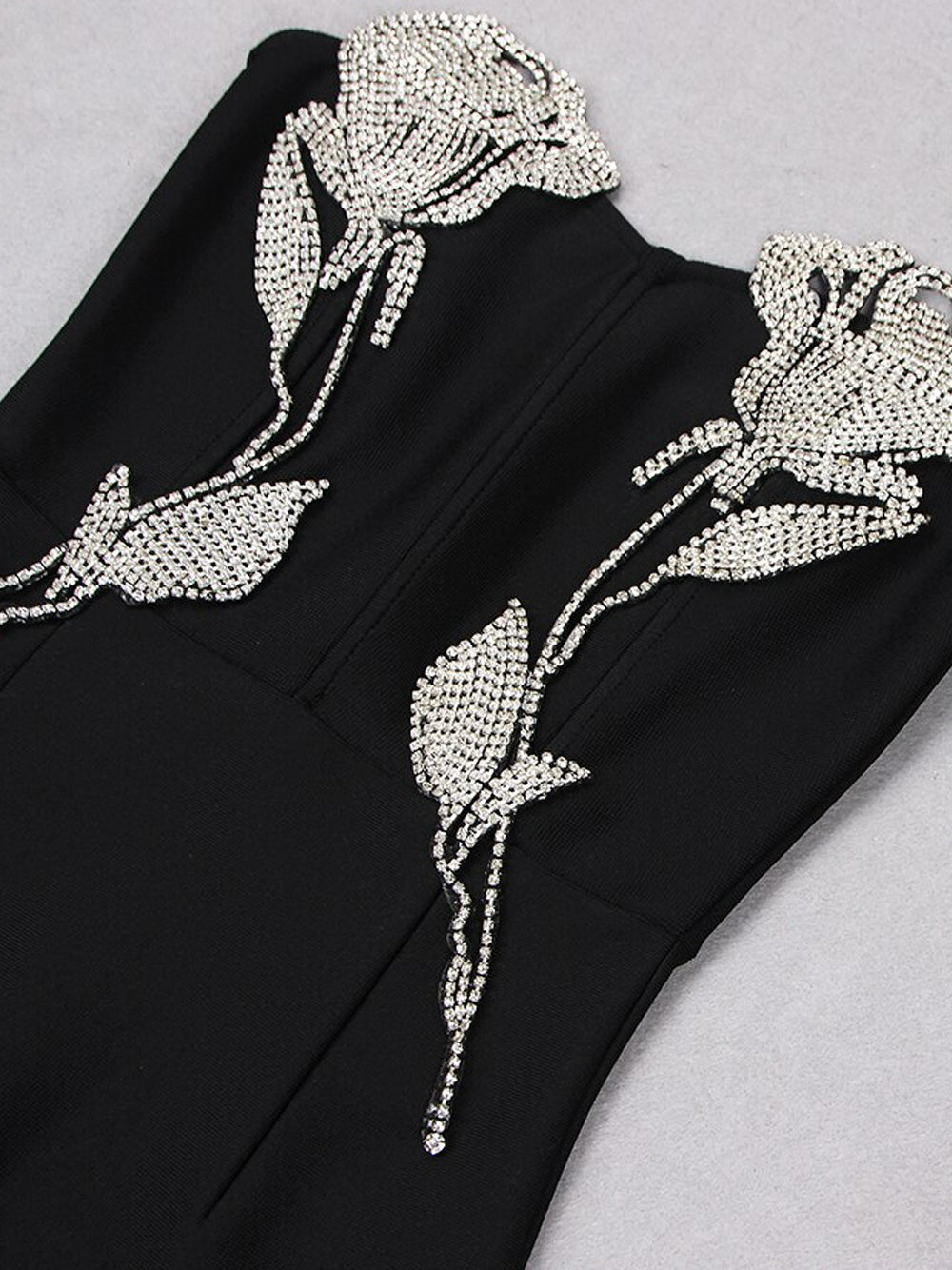Black Strapless Sweetheart Crystal Rose Applique Bandage Maxi Gown 17