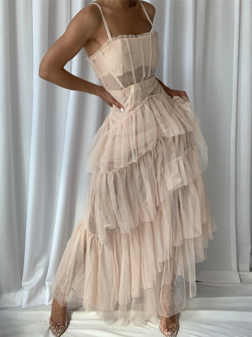 Beige Strap Corset Bustier Tiered Ruffle Tulle Maxi Gown 2