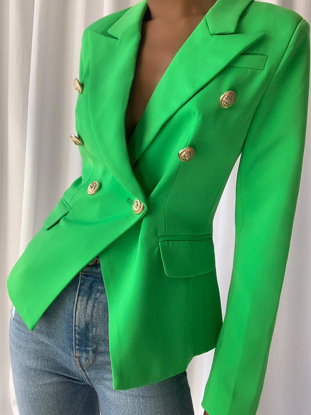 Green Peak Lapel Double Breasted Gold Button Fitted Blazer