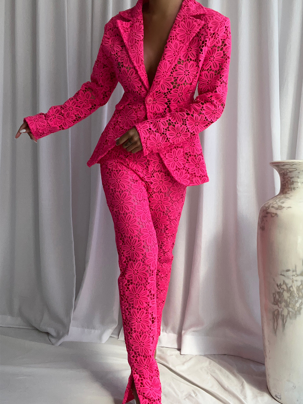 Fuchsia Notch Lapel Floral Lace Blazer And Pants Set 5