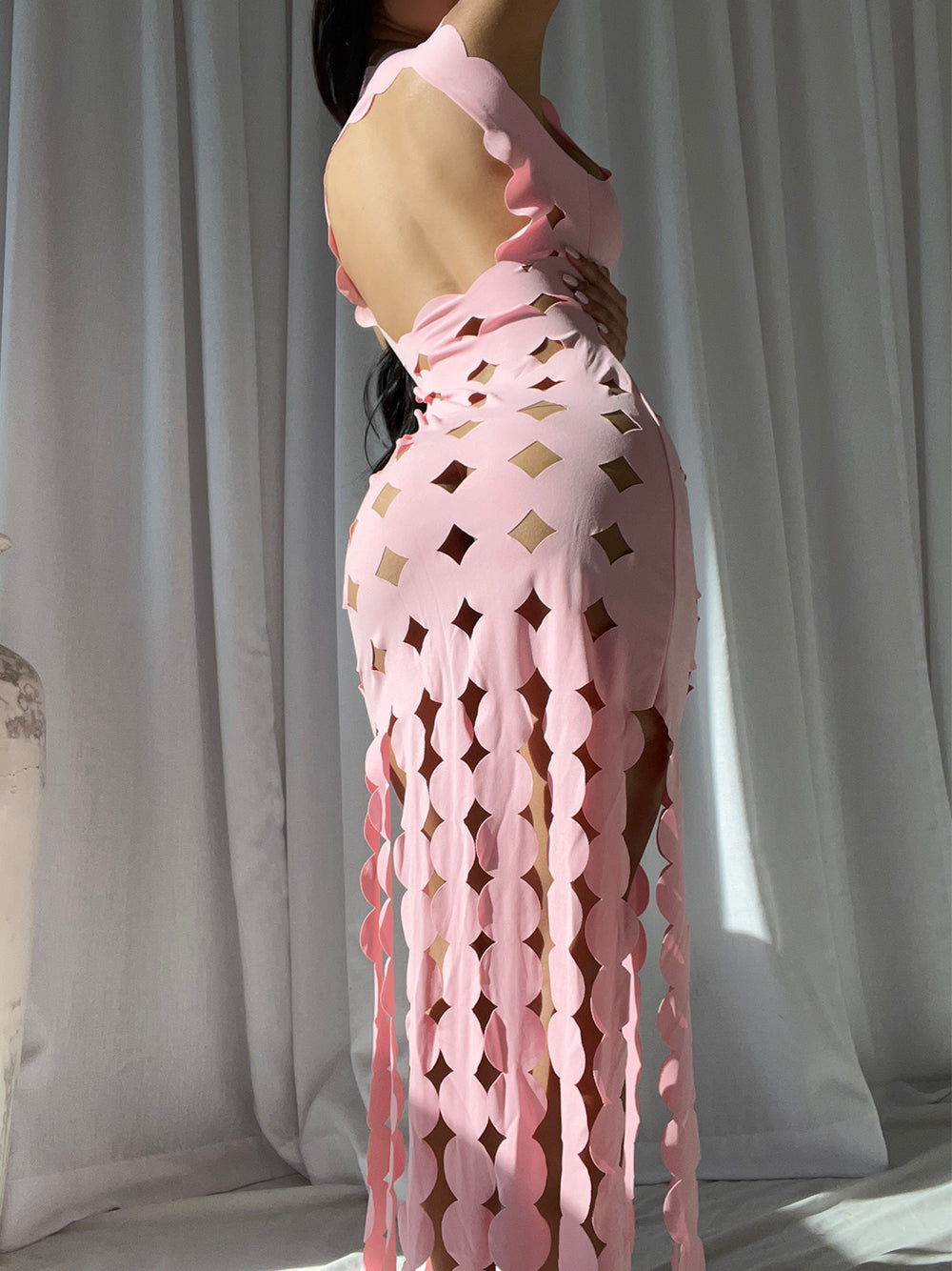 Pink Square Neck Laser Cut Scallop Cutout Fringe Bodycon Maxi Dress 4