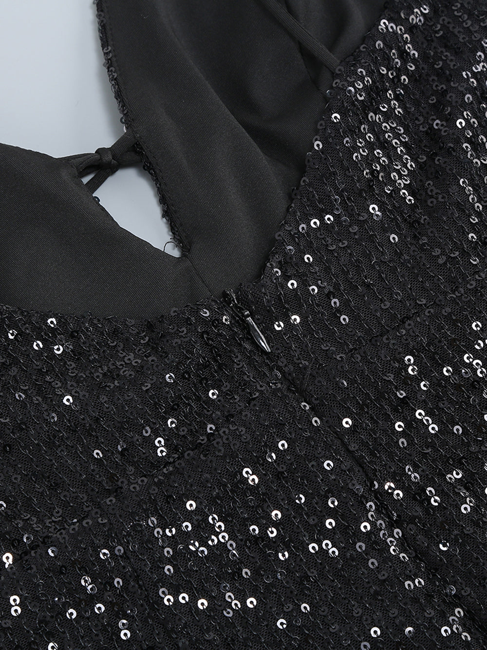 Black Spaghetti Strap Plunge Sequin Feather Trim Bodycon Mini Dress 4