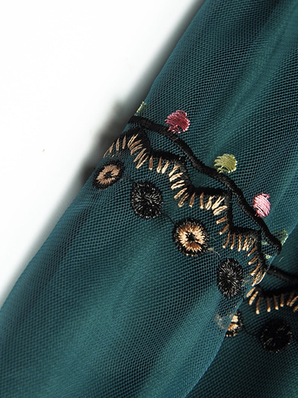 Green Collared Embroidered Sequin Mesh Short Sleeve A-Line Maxi Dress 10
