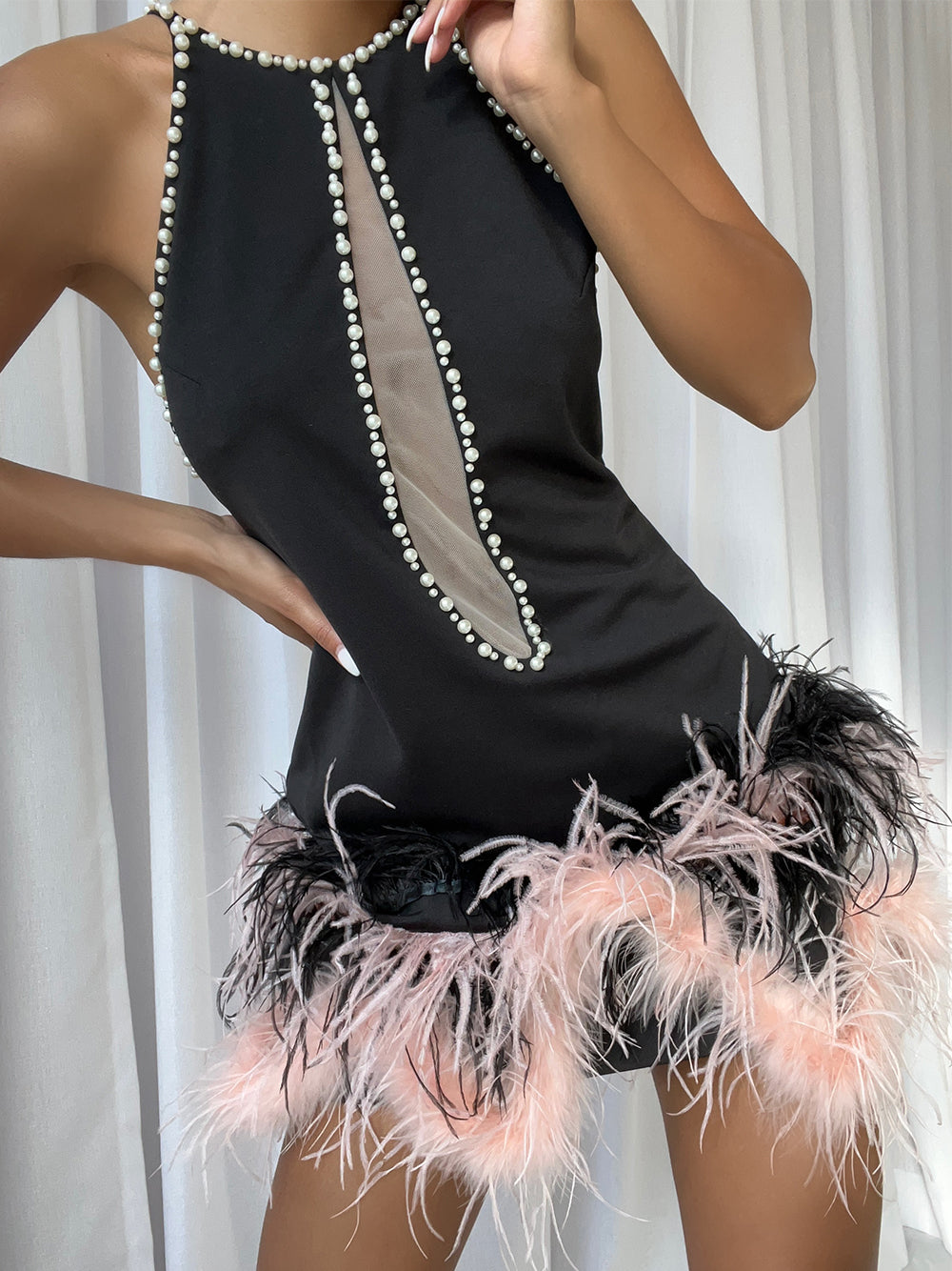 Black Halter Neck Pearl Beaded Mesh Cutout Feather Hem Bodycon Mini Dress