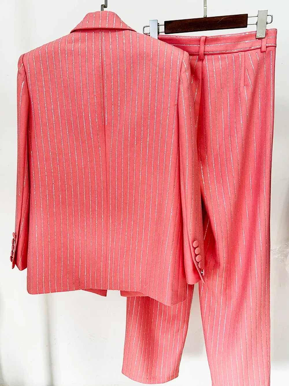 Pink Peak Lapel Rhinestone Pinstripe Oversized Blazer And Pants Set 15