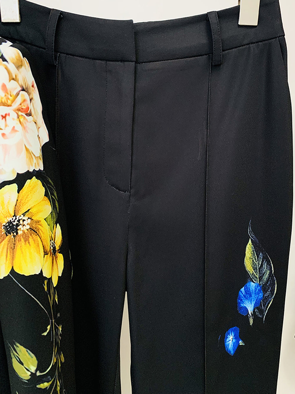 Black Floral Print Lapel Blazer and Flared Pants Set