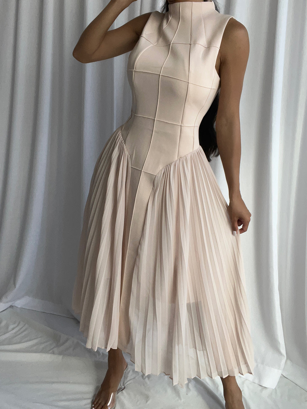 Apricot Mock Neck Sleeveless Grid Seam Pleated Fit And Flare Midi Dress