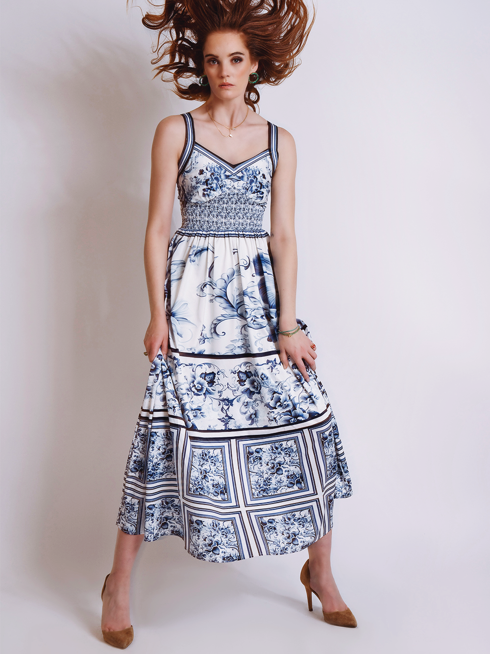 Blue Spaghetti Strap Floral Print Smocked Waist A-Line Midi Dress 18