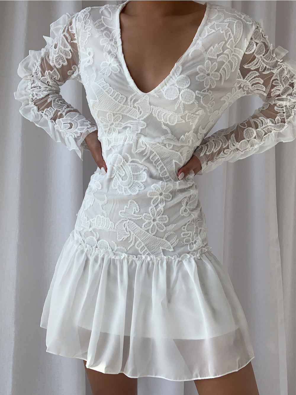 White V-Neck Floral Lace Long Sleeve Ruffle Hem Mini Dress