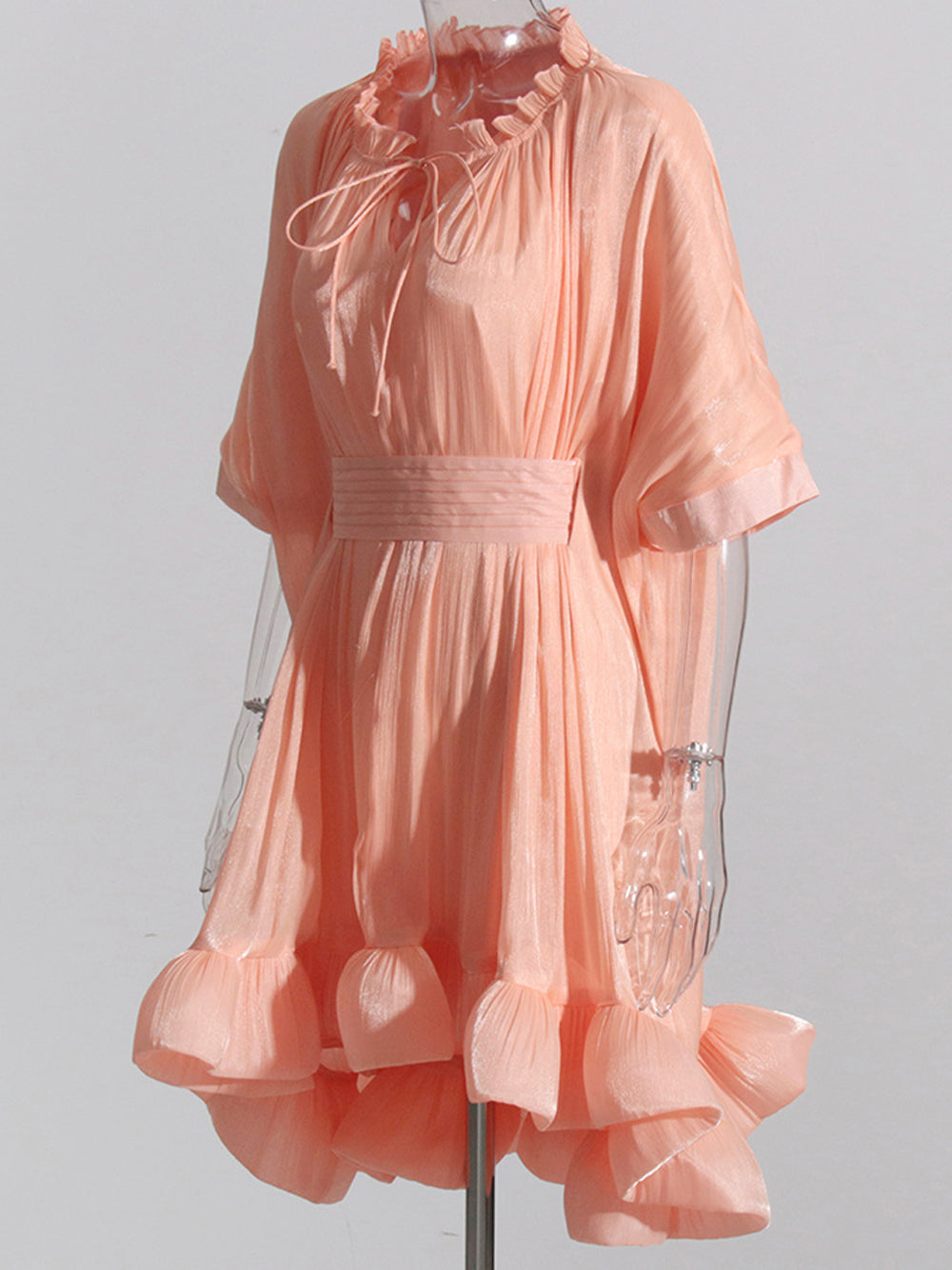 Tie Neck Ruffle Hem Batwing Sleeve Belted Flared Mini Dress