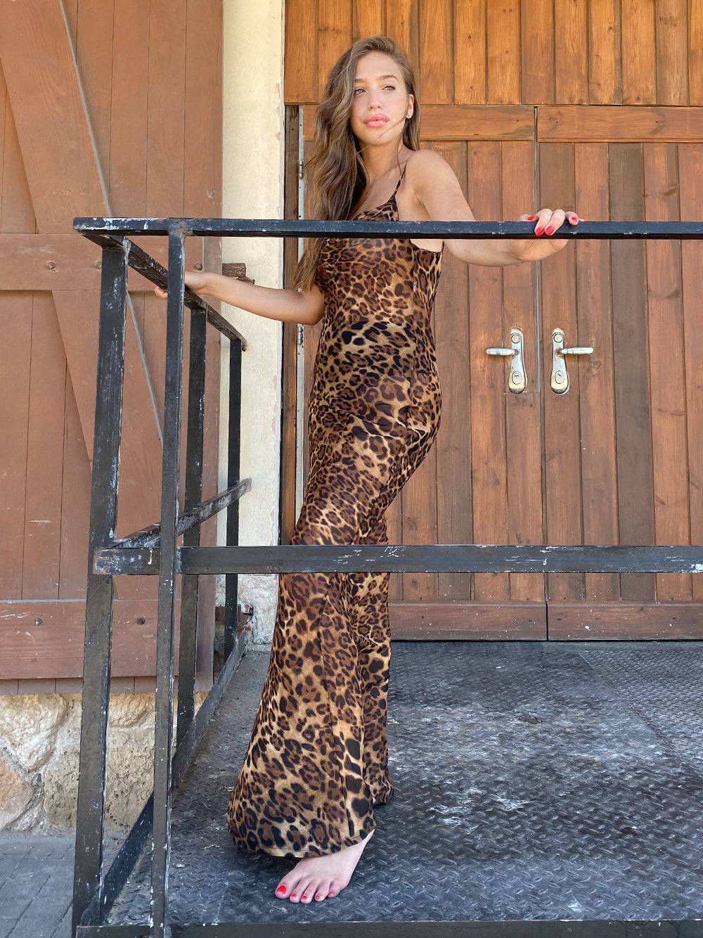 Leopard Cowl Neck Spaghetti Strap Leopard Print Ruched Satin Maxi Dress 8