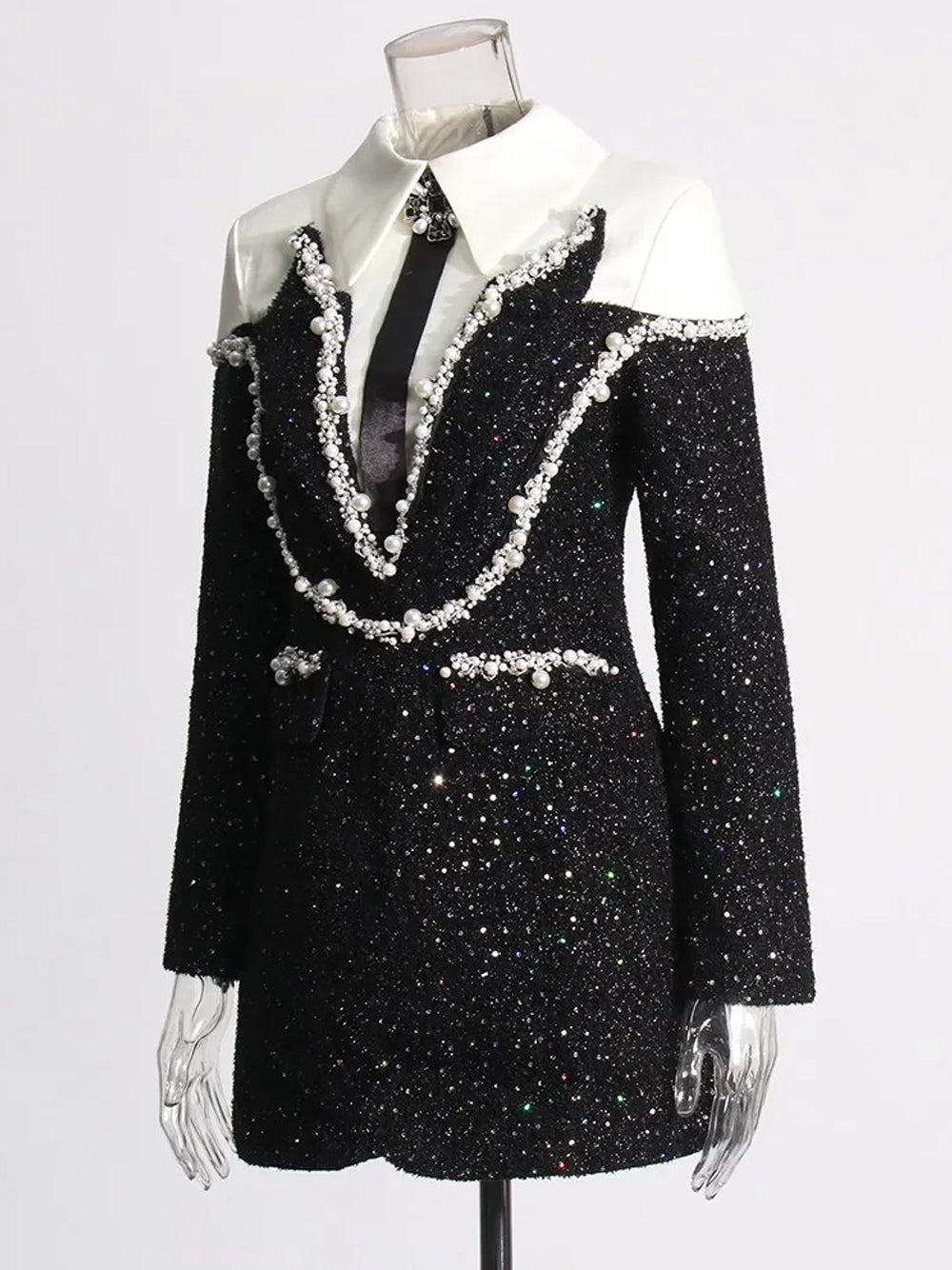 Black Collared Long Sleeve Pearl Trim Sequin Blazer Mini Dress 8