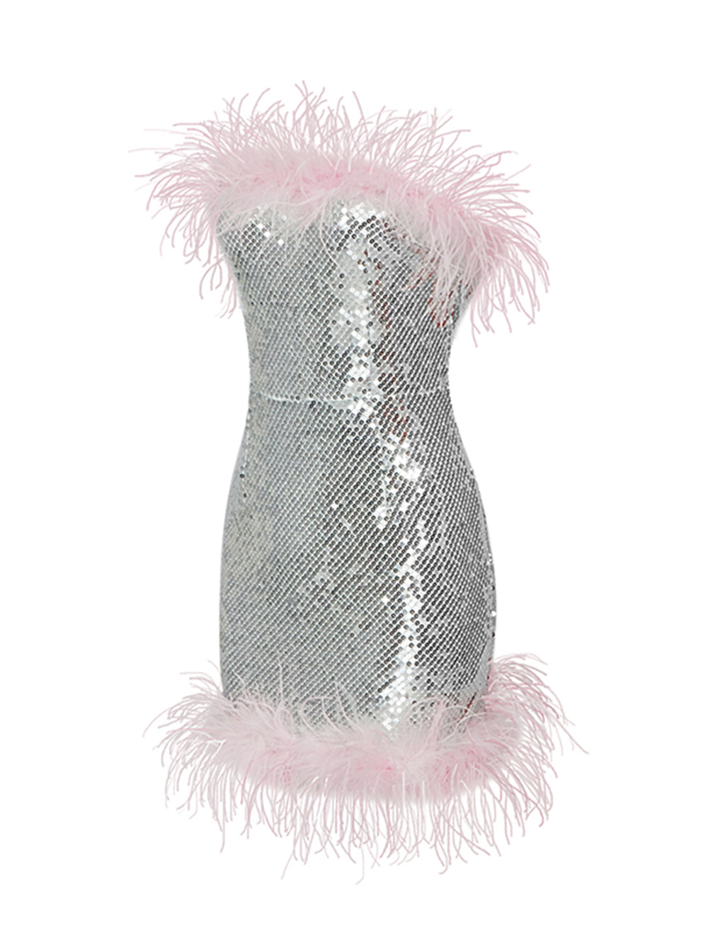 Silver Strapless Sequin Feather Trim Bodycon Mini Dress 3